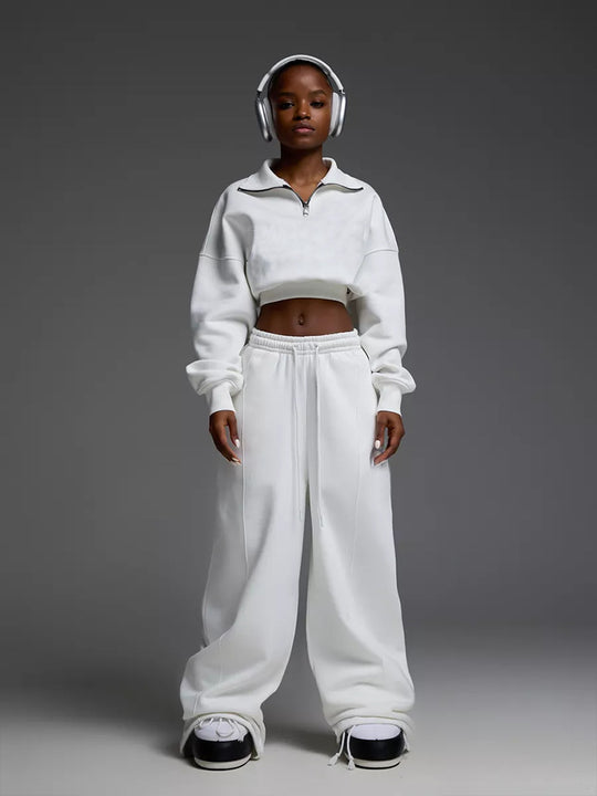 Damen nan kurzes Half-Zip Sweatshirt-Set mit hochtaillierter weiter Lounge-Jogginghose EB