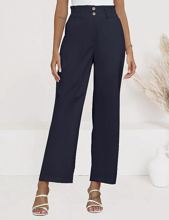 Damen weite Stoffhose mit elastischem Bund und modischen Knopfdetails EB