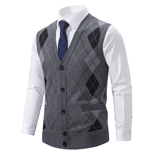 Herren elegante Strickjacke mit Rautenmuster und praktischen Taschen EB