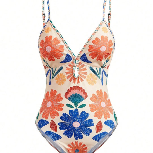Damen Badeanzug mit floralem Design und abnehmbarem Rock EB