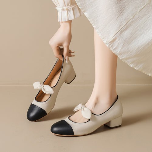 Damen elegante Ballerinas mit dekorativem Schleifenakzent und klassischem Farbblockdesign EB