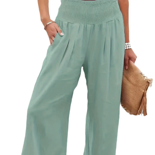 Damen Weite Leinenhose mit elastischem Bund und Falten EB
