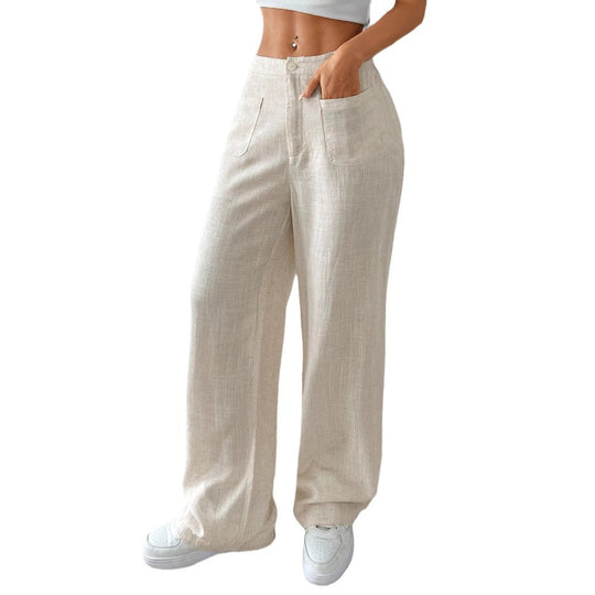 Damen Weit geschnittene Leinenhose mit elastischem Bund und praktischen Taschen EB