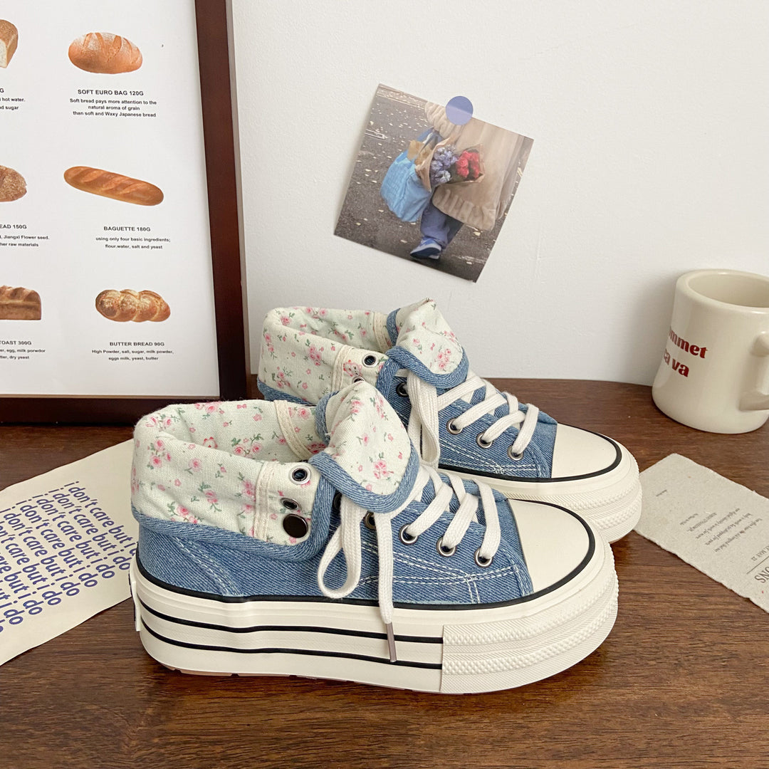 Damen Modische Plateau Sneakers mit floralem Innenfutter EB
