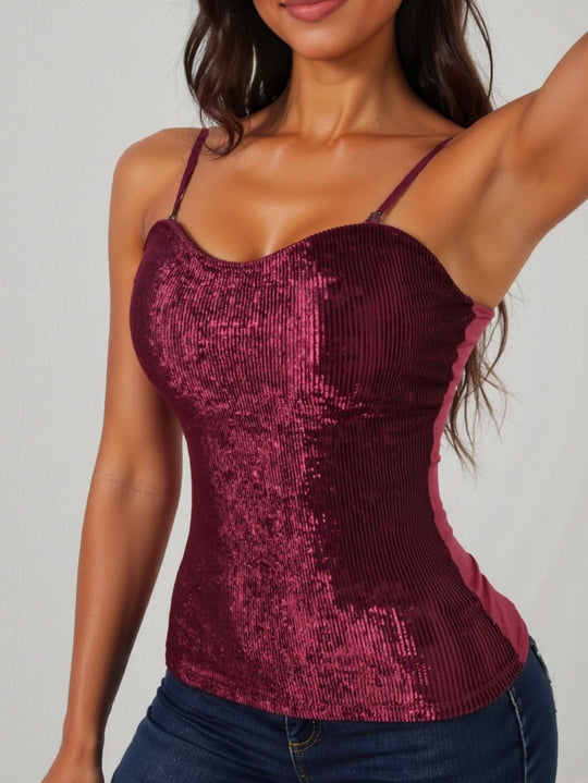 Damen elegantes Spaghettiträgershirt mit luxuriösem Paillettenbesatz und feinem Rippstrick EB