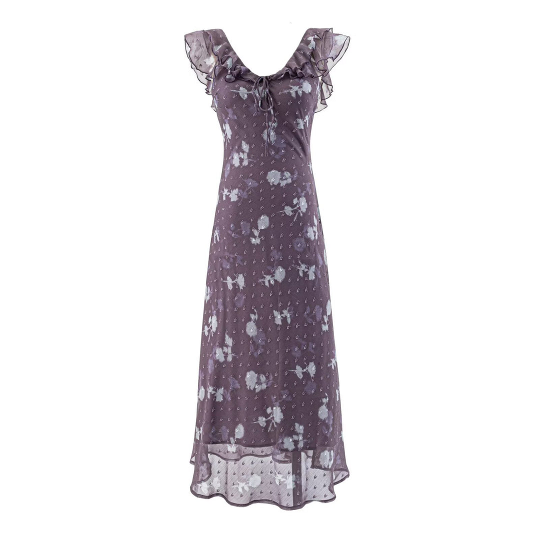 Damen Maxikleid mit romantischem Rüschensaum und floralem Design EB