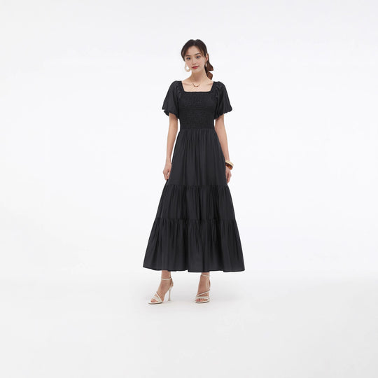 Damen Maxikleid mit voluminösem Rock und Blumenmuster EB