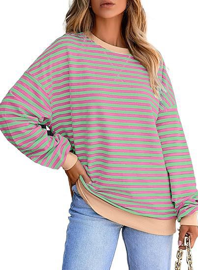 Damen lässiger gestreifter Sweatshirt mit Oversize-Schnitt und bequemen Details EB