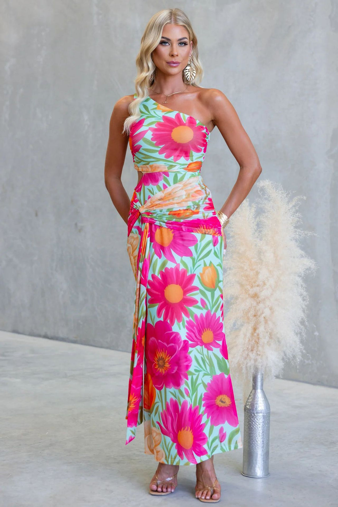 Damen Wickel-Maxikleid mit asymmetrischem Träger und floralen Akzenten EB