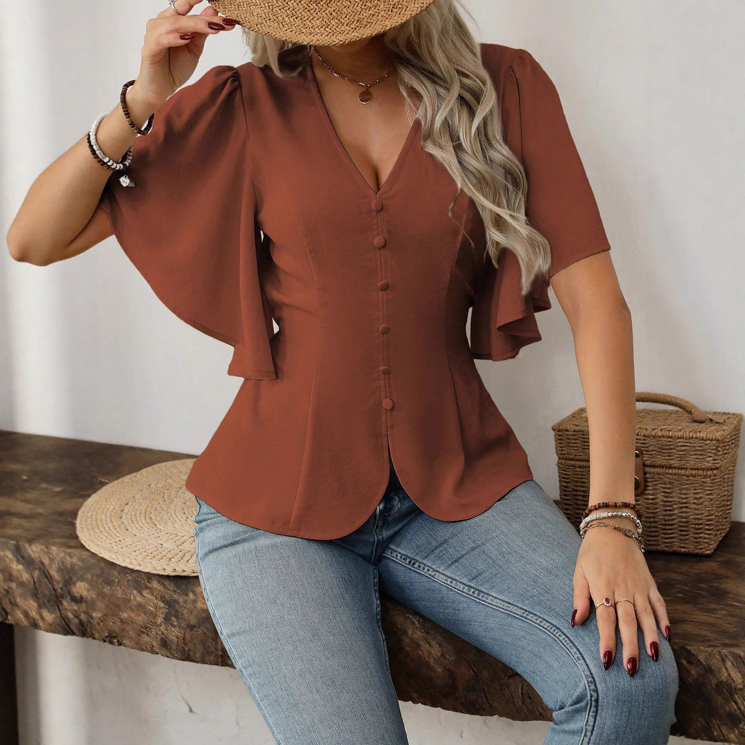 Damen elegante Bluse mit Glockenärmeln und Knopfdetail EB