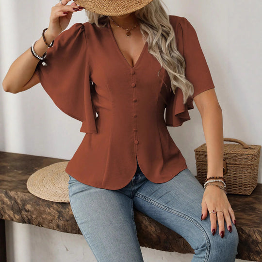 Damen elegante Bluse mit Glockenärmeln und Knopfdetail EB