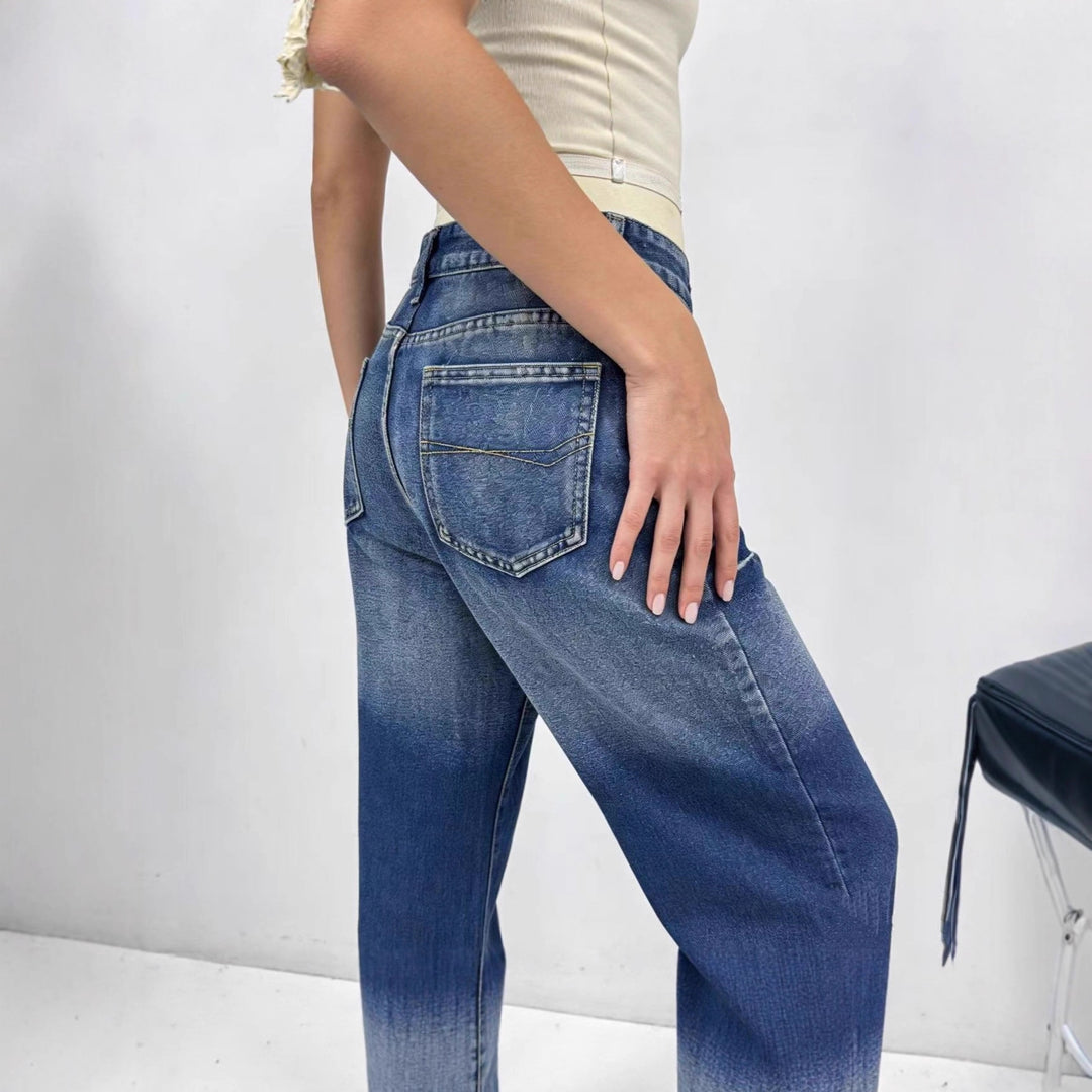 Damen weite hochgeschnittene Jeans mit besonderem Waschungseffekt EB