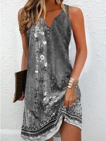 Damen, lässiges Sommerkleid mit V-Ausschnitt und asymmetrischem Saum EB