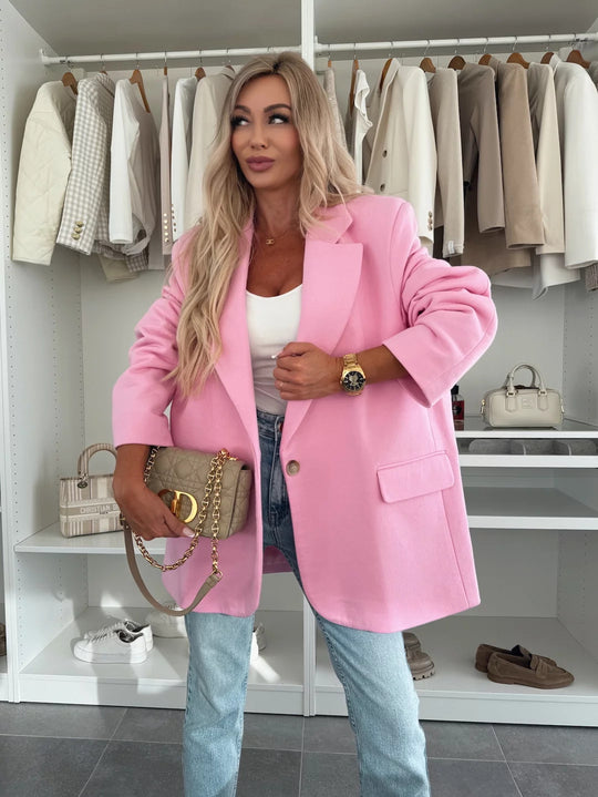 Damen Elegante Oversized Blazerjacke mit tiefem Revers und praktischen Taschen EB