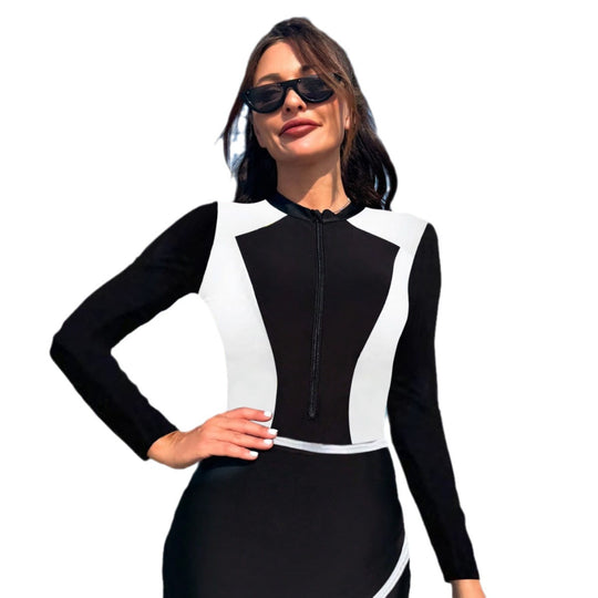 Damen Sportlicher Langarm-Badeanzug mit elegantem Wickelrock EB