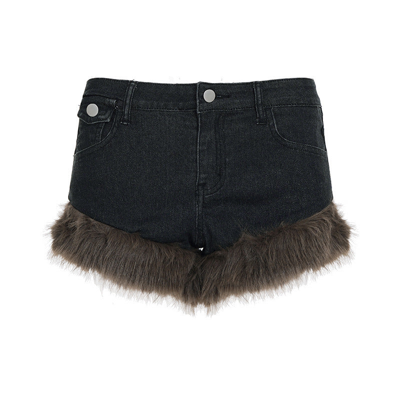 Damen Jeansshorts mit luxuriösem Kunstpelzsaum EB