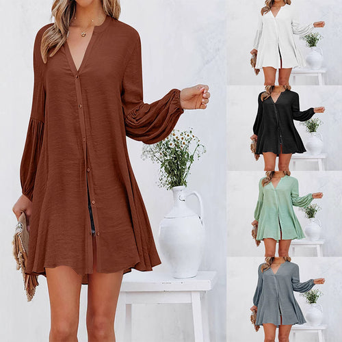 Damen Blusen-Kleid mit Knopfdetails und ballonförmigen Ärmeln EB