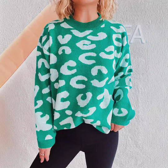 Damen gemütlicher Pullover im modernen Leopardenmuster EB