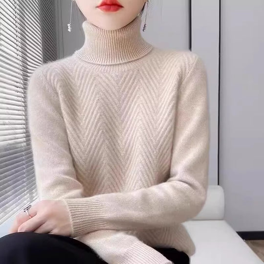 Damen eleganter Strickpullover mit Stehkragen und feiner Rippstruktur EB