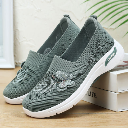 Damen nan gestrickter Slip-On Slipper mit 3D-Blumenstickerei und ergonomischer Komfort-Zwischensohle EB