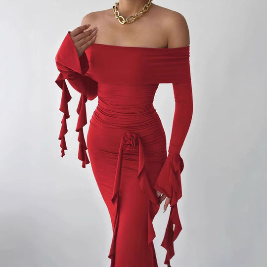 Damen Elegantes Off-Shoulder Maxikleid mit Rüschendetails und figurbetonter Silhouette EB