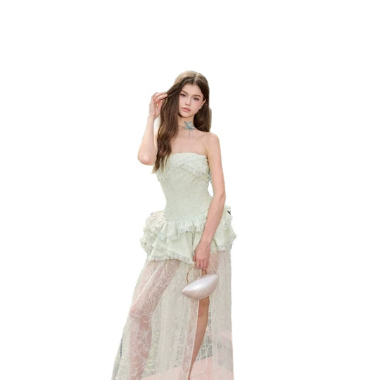 Damen Elegantes und luftiges Abendkleid mit Rüschendetails und transparentem Rock EB