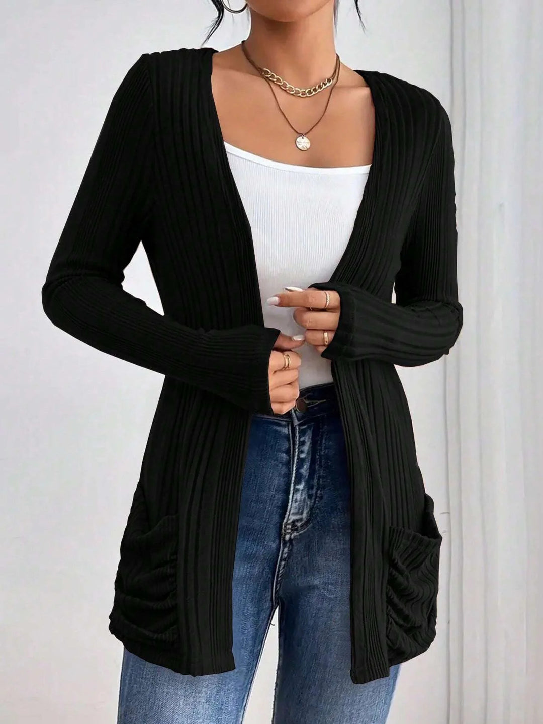 Damen Gerippter Langcardigan mit offener Front, Eingrifftaschen und legerer Passform EB