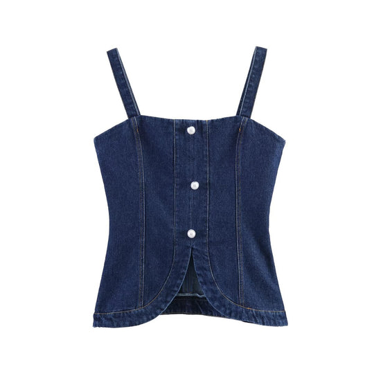 Damen Denim-Cami mit tailliertem Schnitt und dekorativen Knöpfen EB