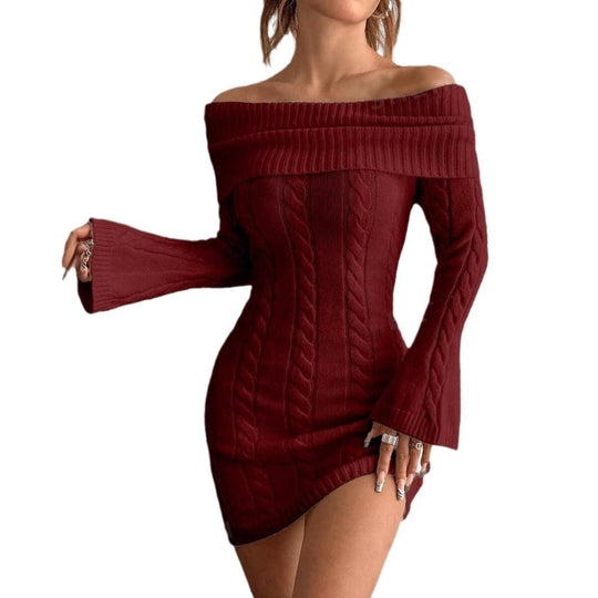 Damen Off-Shoulder Strickkleid mit Zopfmuster und voluminösen Ärmeln EB
