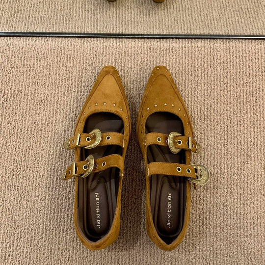 Damen Elegante und stilvolle Ballerinas mit modischen Schnallen und Nieten EB