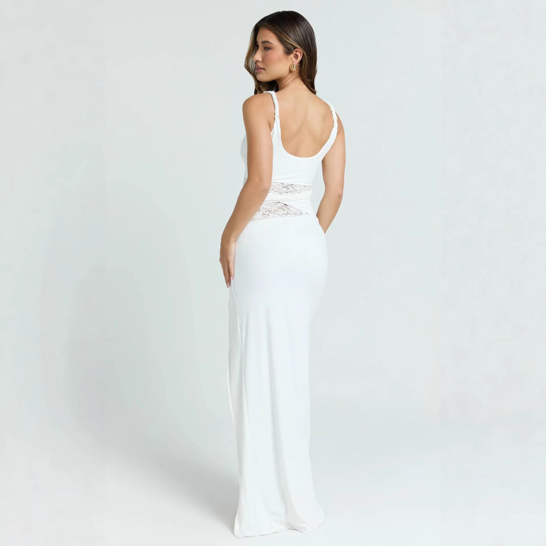 Damen Elegantes Abendkleid mit hohem Schlitz und Spitzeinsatz EB