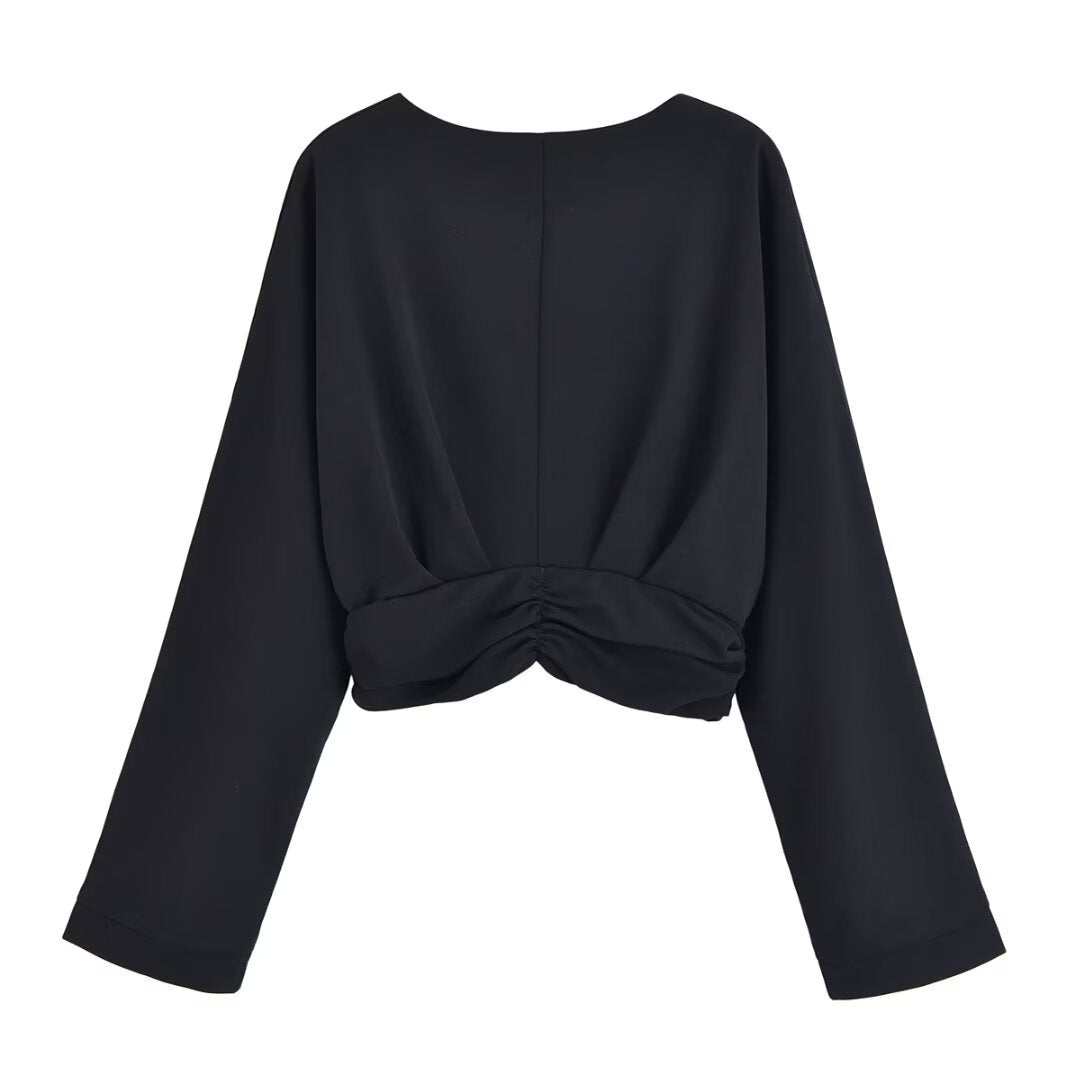 Damen legeres Blusenshirt mit Raffung und tiefem V-Ausschnitt EB
