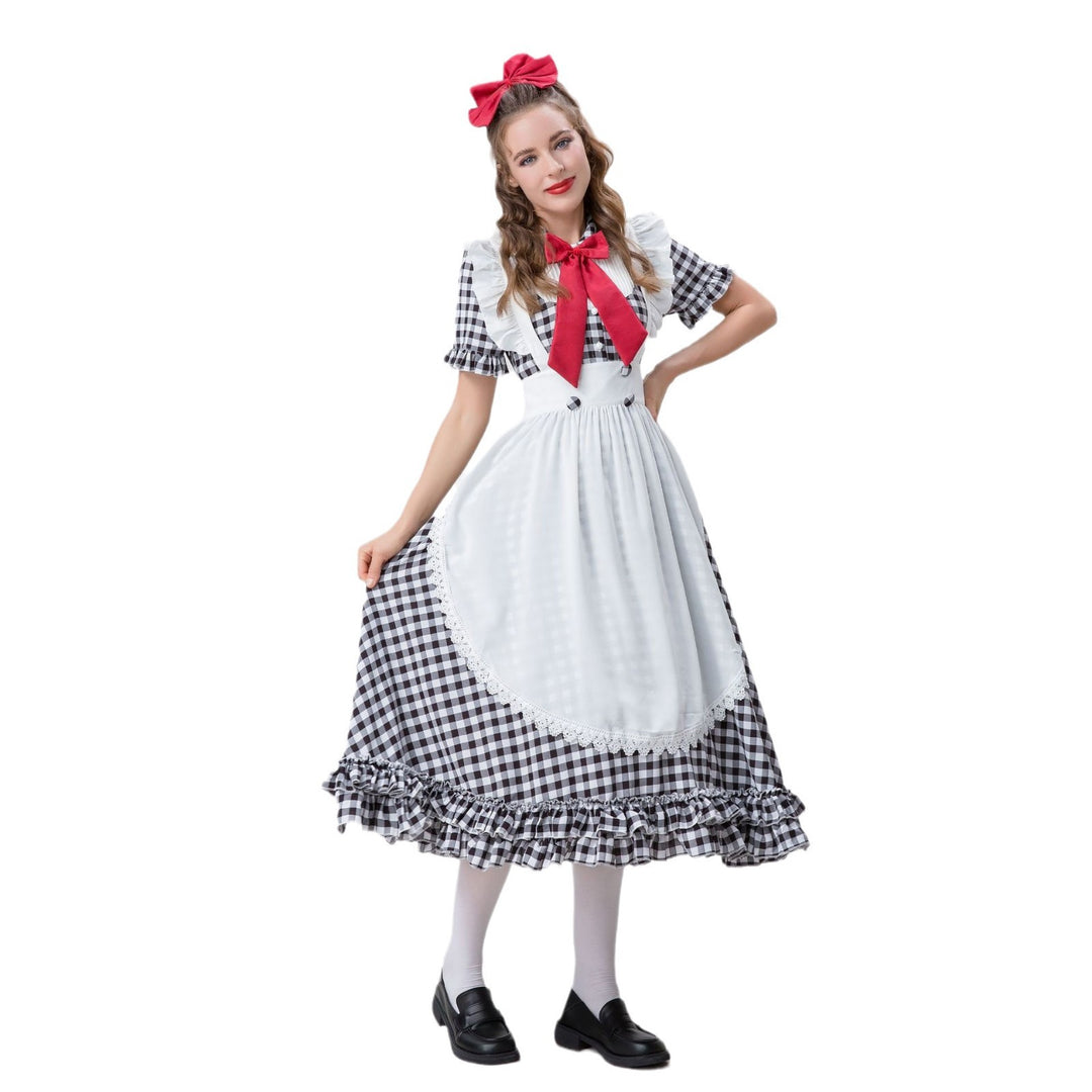 Damen nan Vintage-inspiriertes Karo-Swingkleid mit abnehmbarer Schürze, Rüschenärmeln und Schleifenkragen EB