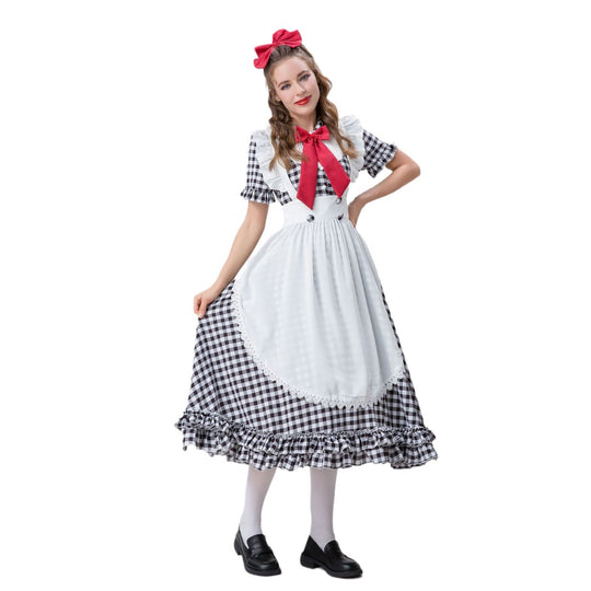 Damen nan Vintage-inspiriertes Karo-Swingkleid mit abnehmbarer Schürze, Rüschenärmeln und Schleifenkragen EB