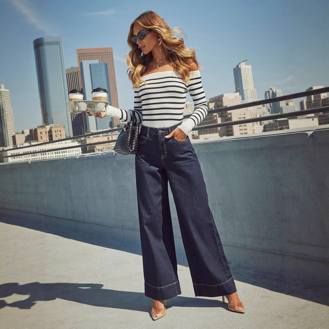 Damen Weit geschnittene Jeanshose mit hohem Bund und eleganter Naht EB