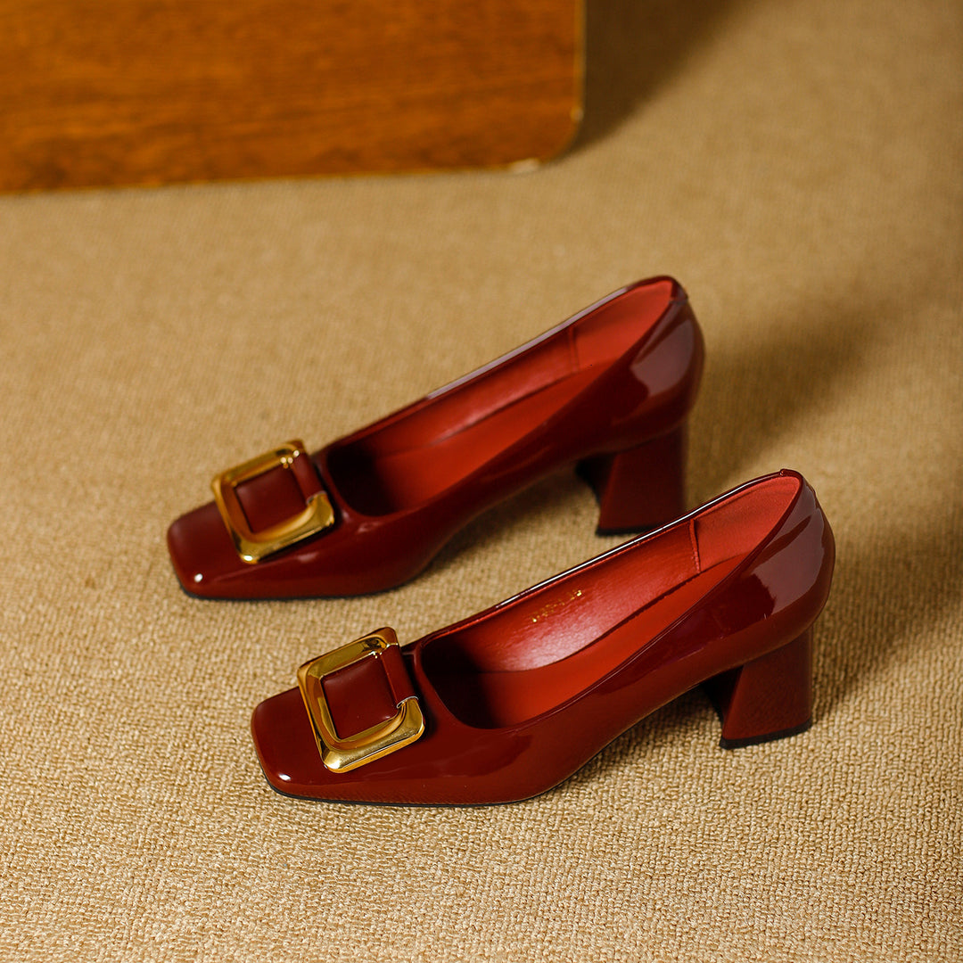 Damen elegante High Heels mit schickem quadratischem Zehenbereich und goldener Schnalle EB