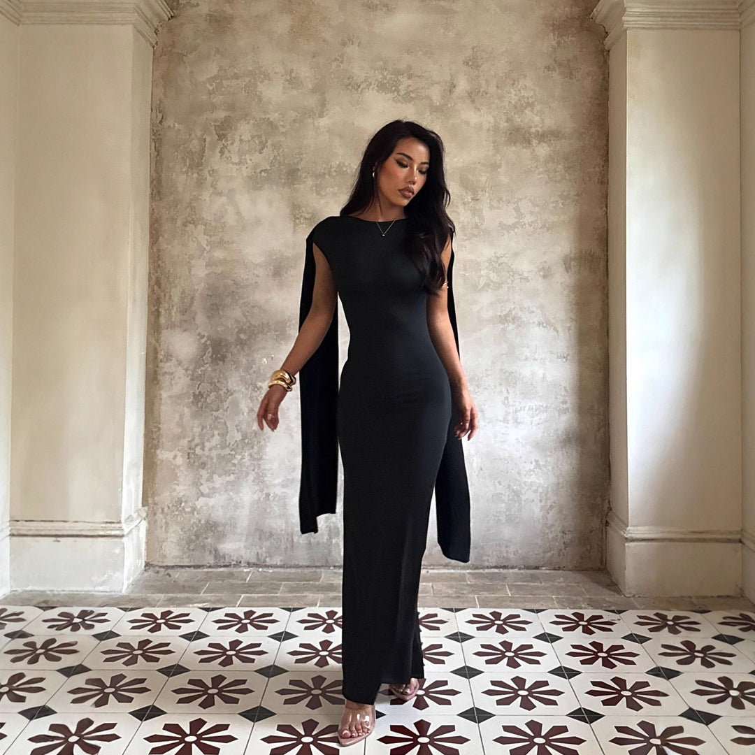 Damen elegantes Maxikleid mit raffinierten Ärmeldetails und fließender Silhouette EB
