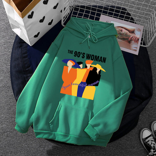 Damen nan weit geschnittener Kapuzenpullover mit Neunzigerjahre-Illustrationsprint, angerautem Fleece und Kängurutasche EB