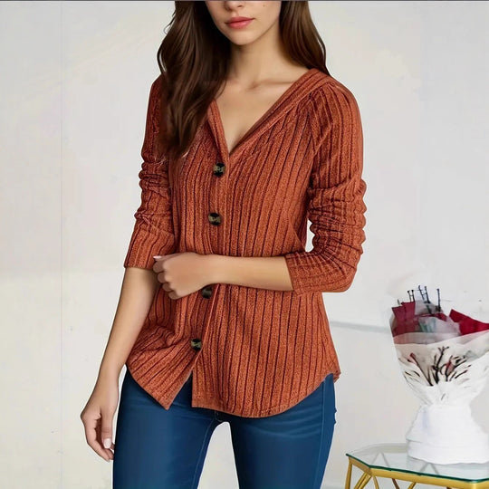 Damen nan kaschierender gerippter Strickcardigan mit V-Ausschnitt und dekorativen Knöpfen EB