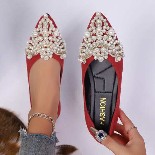 Damen elegante Ballerinas mit kunstvoller Perlenapplikation EB