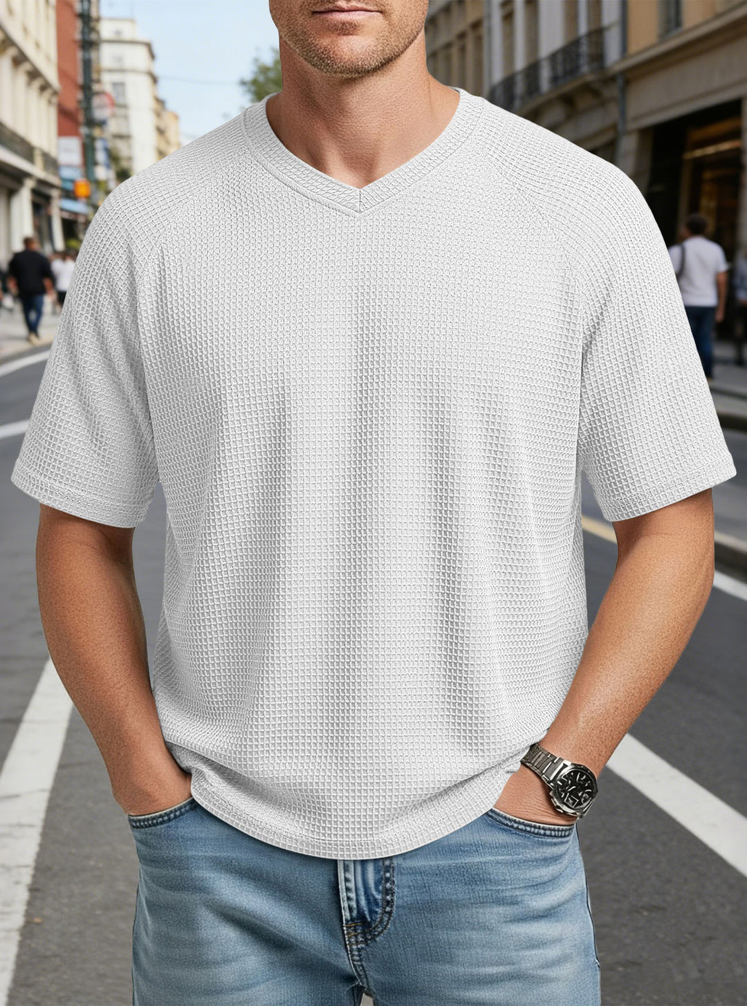 Herren nan lässiges V-Ausschnitt Waffelstrick-T-Shirt aus atmungsaktivem Baumwollmix EB