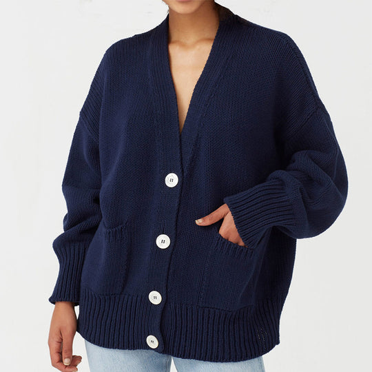 Damen Oversized Strickjacke mit Taschen und V-Ausschnitt EB