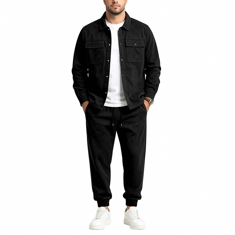 Herren nan Velours-Lounge-Set mit Overshirt, aufgesetzten Brusttaschen und tapered Jogginghose EB