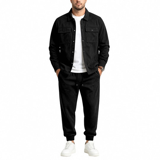 Herren nan Velours-Lounge-Set mit Overshirt, aufgesetzten Brusttaschen und tapered Jogginghose EB