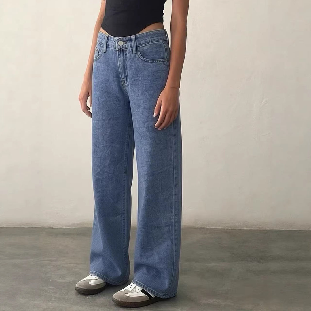 Damen Weite High-Waist Jeans mit klassischem Schnitt und ausgefransten Säumen EB