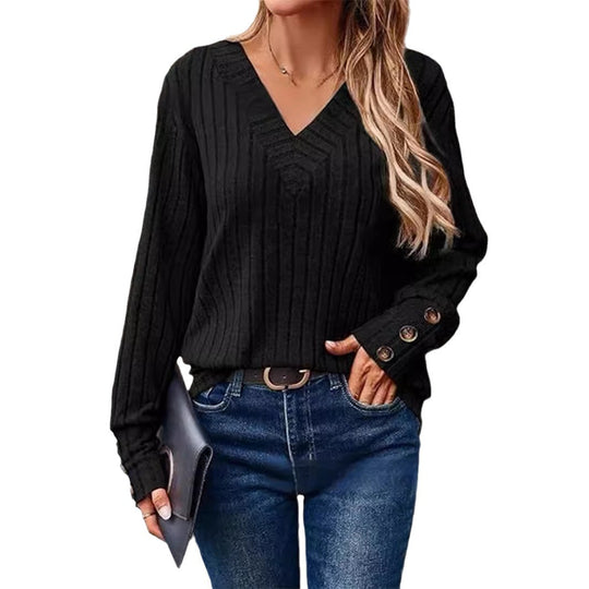 Damen Strickpullover mit V-Ausschnitt und modischer Rippstruktur EB