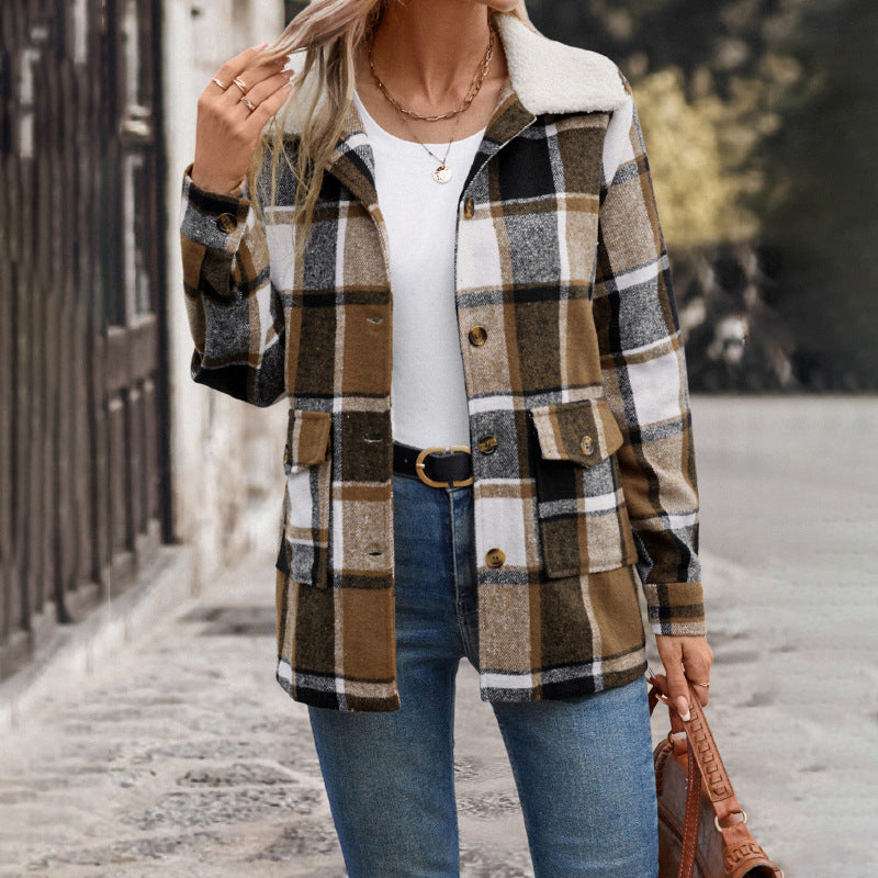 Damen Karierte Flanelljacke mit sanftem Kragen EB