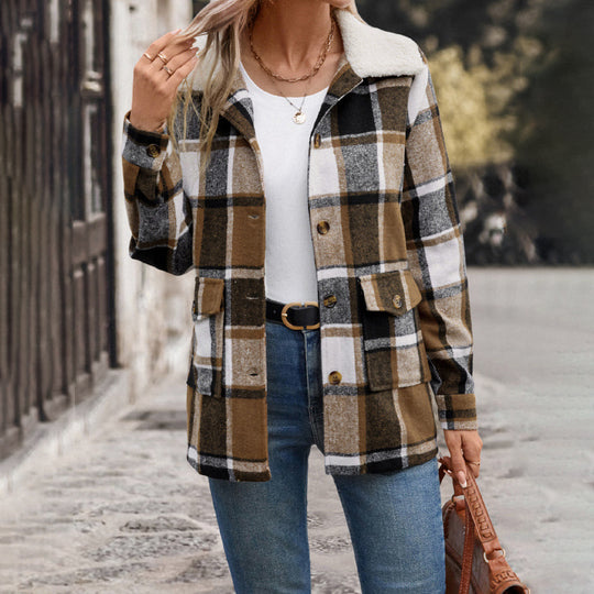 Damen Karierte Flanelljacke mit sanftem Kragen EB