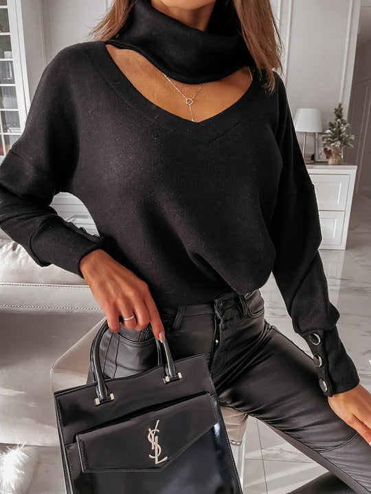 Damen Glamouröser Strickpullover mit angeschnittenem Rollkragen und schicken Knopfdetails EB