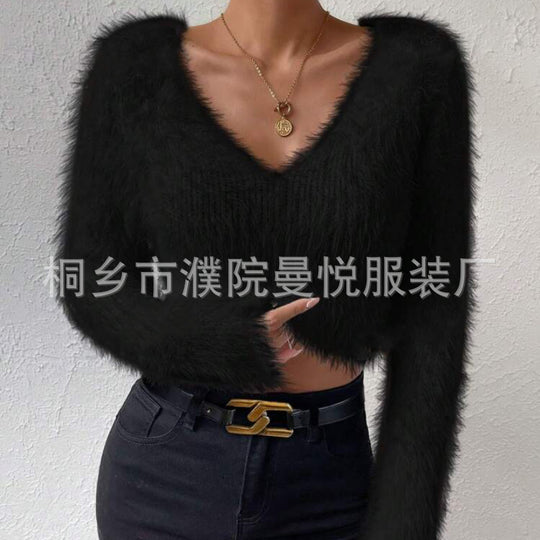 Damen Flauschiger Crop-Pullover mit V-Ausschnitt und Eyelash-Struktur EB
